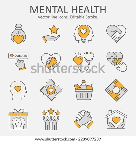 Mental health icons, such as donation, charuty, empathy, volunteer and more. Vector illustration isolated on white. Editable stroke.