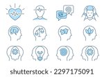 Mental health icons, such as psychology, anxiety, therapy, panic attack and more. Vector illustration isolated on white. Editable stroke. Change to any size and any colour.