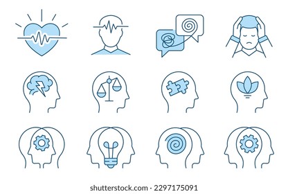 Mental health icons, such as psychology, anxiety, therapy, panic attack and more. Vector illustration isolated on white. Editable stroke. Change to any size and any colour.