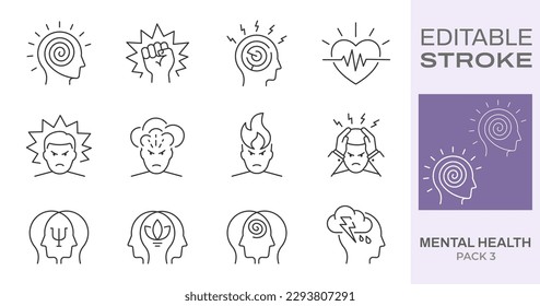 Mental health icons, such as stress, anger, rage, anxiety and more. Editable stroke.