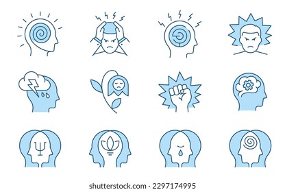 Mental health icons, such as stress, anxiety, therapy, panic attack and more. Vector illustration isolated on white. Editable stroke.