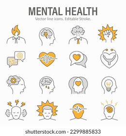 Mental health icons such as stress, anxiety, therapy, anger and more. Vector illustration isolated on white. Editable stroke.