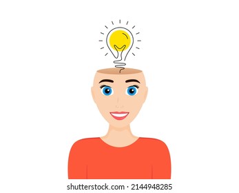Mental health, idea in mind and psychology concept. Human head with lightbulbs. Positive thinking, mental health care, healthy mind. Happy idea, psychotherapy illustration. Vector