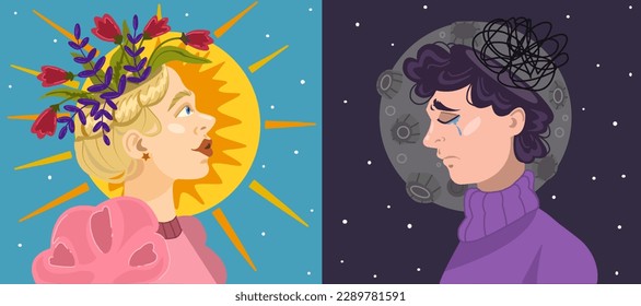 Mental health idea poster. Sunny day is positive thinking concept. Happy woman head with flowers inside brain. Concept of mental disorder, sorrow and depression at full moon night. Vector illustration