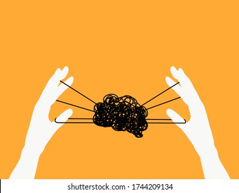 Mental health, illness ,brain development ,medical treatment  concept, hand play turned thread in a shape of brain, hands holding puppet strings with a thread of brain , vector illustration  
