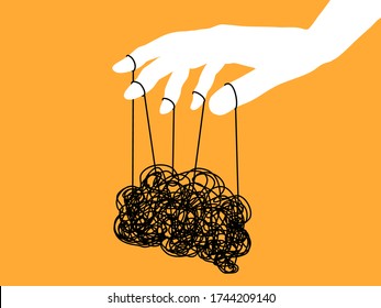 Mental health , illness ,brain development ,medical treatment  concept, hand holding puppet strings with a thread of brain, vector illustration  

