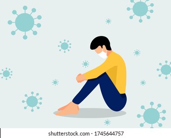 Mental health, illness ,brain development ,medical treatment  concept, sad and unhappy man wearing medical mask with covid-19 or coronavirus background  , vector illustration 