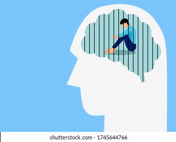 Mental health, illness ,brain development ,medical treatment  concept, sad and unhappy man sitting in human brain with cage of thought , vector illustration 