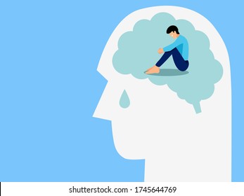 Mental health, illness ,brain development ,medical treatment  concept, sad and unhappy man sitting in a brain of human head with tears drop, vector illustration 