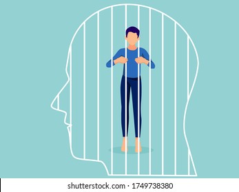 Mental health, illness ,brain development ,medical treatment  concept, sad and unhappy man were imprisoned by human brain with cage of thought in human head, vector illustration 