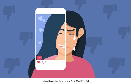 Mental health, illness ,brain development ,medical treatment  concept, sad and unhappy women with tears drop  pretend to be happy and smile on social media for like on dislike background, vector 