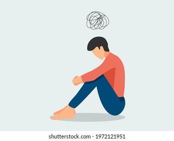 Mental health, illness ,brain development ,medical treatment  concept, sad man sit with messy lines of thinks above head, vector illustration 