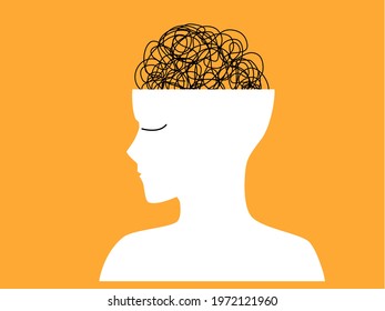 Mental health, illness ,brain development ,medical treatment  concept,  messy lines of thinks in human head , vector illustration  