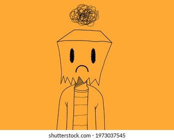 Mental health, illness ,brain development ,medical treatment  concept, man wear paper bag with sad face, messy lines of thinks in above human head, vector illustration   