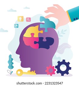 Mental health, illness, brain development, medical treatment concept. Human hand insert part of jigsaw puzzle in head. Setting good mindset and attitude. Skills improvement. Flat vector illustration