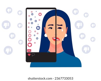 Salud mental, enfermedad, desarrollo cerebral, concepto de tratamiento médico, mujeres tristes e infelices con lágrimas fingen ser felices y sonreír en los medios sociales por como en un contexto disgusto, vector