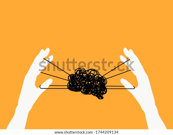 Mental health, illness ,brain development ,medical\
treatment  concept, hand play turned thread in a shape of brain,\
hands holding puppet strings with a thread of brain , vector\
illustration  \
