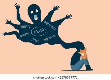 mental health illness concept, mix feeling of fear, nervous, worry, stress mind, frustrated brain, panic scream, flat vector cartoon illustration	