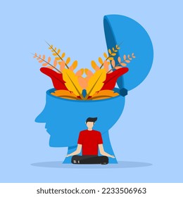 Mental health illustration. The character does yoga to fight mental disorders struggling with stress, depression, emotional exhaustion and other psychological problems. Psychotherapy concept.
