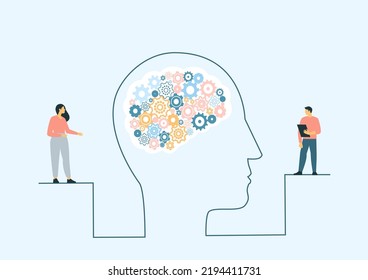 Mental health illustration. Characters trying to solve mentality problems and fighting against emotional burnout. Psychotherapy concept. Vector illustration.