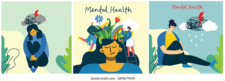 Mental Health Illustration Concept. Psychology Visual Interpretation Of Mental Health In The Flat Design