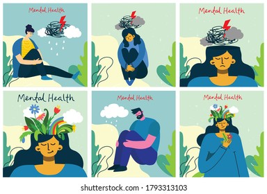 Mental health illustration concept. Young man and woman with storm in head. Psychology visual interpretation of mental health in the flat design