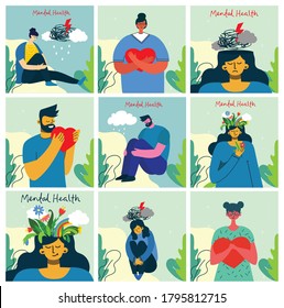 Mental health illustration concept. Young man and woman with storm in head. Psychology visual interpretation of mental health in the flat design