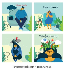Mental health illustration concept. Young man and woman with storm in head. Psychology visual interpretation of mental health in the flat design