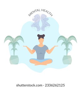 Mental health illustration. Girl with mental disorder fight against stress, depression, emotional burnout and other psychological problems. Vector illustration.