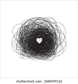 Mental health illustration with line ball and heart. Broken heart. Depression.psychology illustration