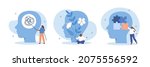 Mental health illustration set. Character with mental disorder fight against stress, depression, emotional burnout and other psychological problems. Psychotherapy concept. Vector illustration.