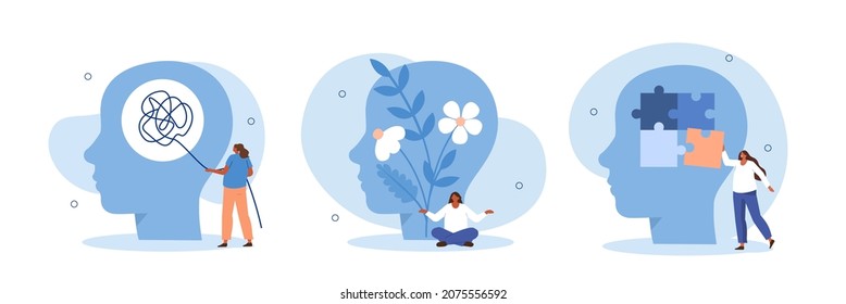 Mental health illustration set. Character with mental disorder fight against stress, depression, emotional burnout and other psychological problems. Psychotherapy concept. Vector illustration.