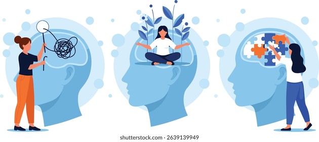 Mental health illustration set. Character with mental disorder fight against stress, depression, emotional burnout and other psychological problems.