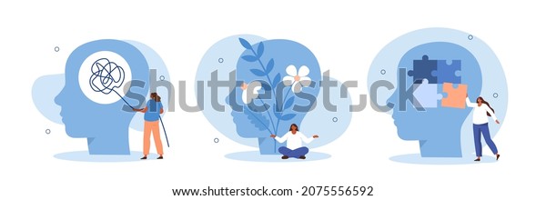 Mental health illustration set. Character\
with mental disorder fight against stress, depression, emotional\
burnout and other psychological problems. Psychotherapy concept.\
Vector illustration.