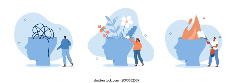 Mental health illustration set. Characters trying to solve mentality problems and fighting against emotional burnout. Psychotherapy concept. Vector illustration.
