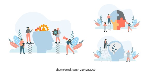 Mental health illustration set. Characters trying to solve mentality problems and fighting against emotional burnout. Psychotherapy concept. Vector illustration.