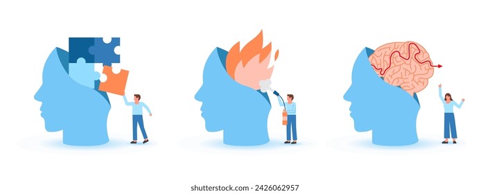 Conjunto de ilustración de salud mental. Personajes tratando de resolver problemas de mentalidad, luchando contra el agotamiento emocional y encontrar la salida.