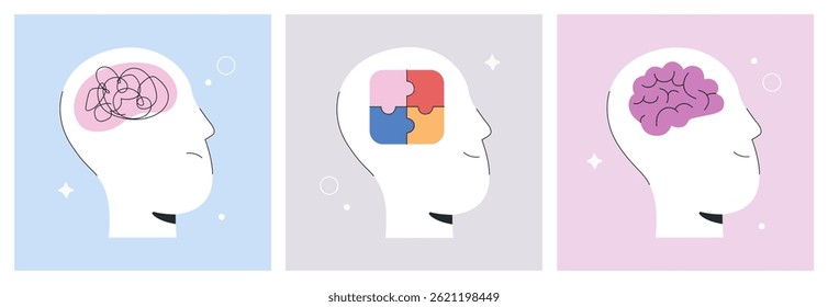 Conjunto de ilustrações de saúde mental. Caos Emocional, Progresso da Atenção e Clareza Cerebral Conceito de Recuperação de Transtorno Mental e Crescimento Psicológico, Ilustração de Vetor Plano em Fundo Isolado