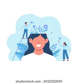 Conjunto de ilustración de salud mental. Chica feliz que tiene una gran salud mental. Un hombre pequeño regando flores dentro de la cabeza de una mujer. Ánimo positivo. Para la psicología, genio, crecimiento, desarrollo, concepto de inteligencia