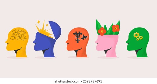 Mental health illustration set. Psychotherapy concept.Collection of different people head, puzzle of human head, psychotherapy, mindfulness,overthinking,burnout.Mental health problems.Vector