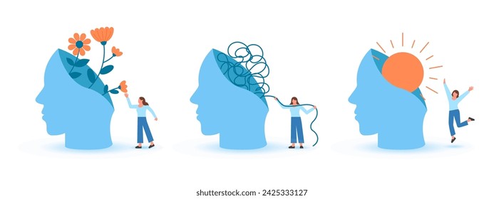 Mental health illustration set. Woman character enjoy life, solve mental problems and think positive. Psychotherapy concept. Vector illustration.