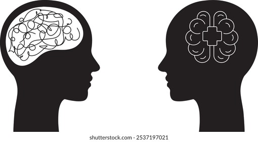 Ilustración de salud mental; Silueta de la cabeza humana con la línea enredada dentro del cerebro conoce a una persona con un buen stock de Vector de salud mental.