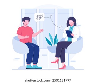 Mental health illustration. Visiting psychologist office, Patient talking to psychiatrist. Psychotherapy counseling concept