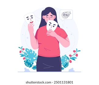 Mental health illustration. Women suffering from mental borderline personality disorder. Vector illustration