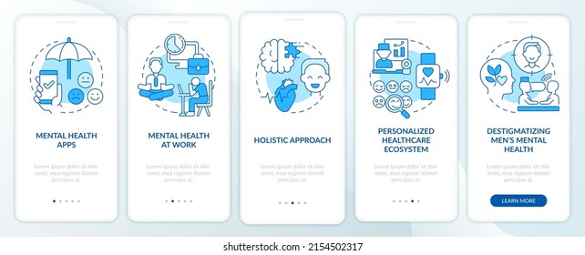 Mental health improving trends blue onboarding mobile app screen. Therapy walkthrough 5 steps graphic instructions pages with linear concepts. UI, UX, GUI template. Myriad Pro-Bold, Regular fonts used