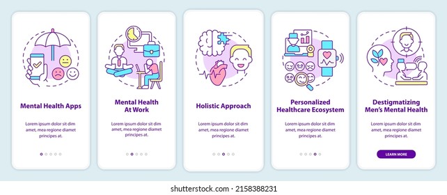 Mental health improving trends onboarding mobile app screen. Therapy walkthrough 5 steps graphic instructions pages with linear concepts. UI, UX, GUI template. Myriad Pro-Bold, Regular fonts used