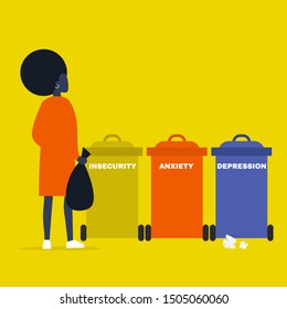 Mental health. Insecurity, Depression, Anxiety. Young character separating the  waste. Getting rid of the psychological problems. Recycling containers. Conceptual illustration. Millennial lifestyle