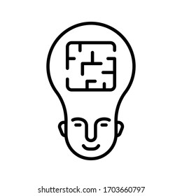 Mental health or intelligent concept. Linear icon of smiling man's face with puzzle instead of brain. Illustration of maze in head, psychologic problem. Contour isolated vector on white background