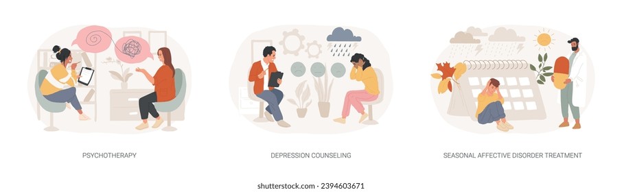 Conjunto de ilustraciones vectoriales de concepto aislado de salud mental. Psicoterapia, consejería para la depresión, tratamiento estacional de trastorno afectivo, terapia cognitiva conductual, concepto de vector de sesión privada.