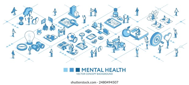 Mental health isometric seamless pattern. Psychotherapy, yoga line 3d icons, people characters, arrows. Vector background teamwork concept illustration. Wellness journey, work life balance infograph